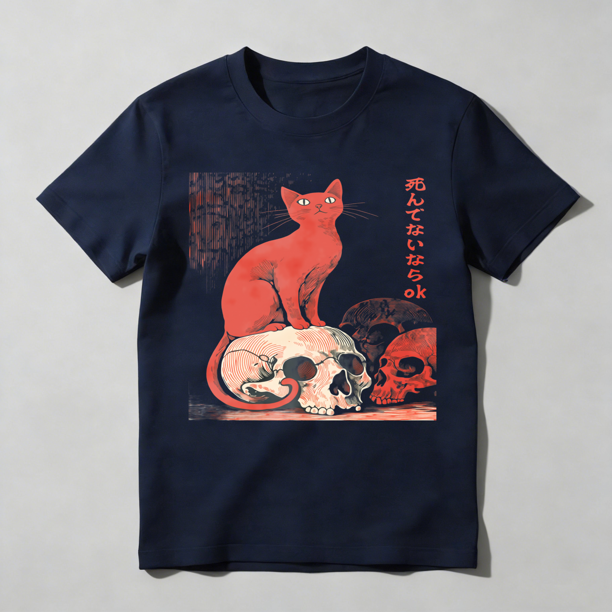 Red Cat Sitting On Skulls With Japanese Text tshirt 100% cotton