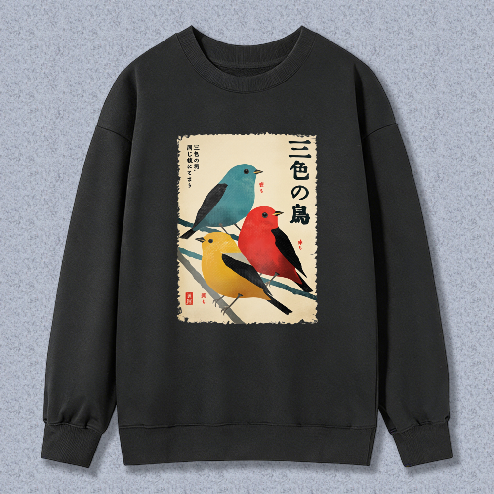Three Color Birds Japanese Style Art Sweatshirt Men Women Unisex Crewneck Pullover Casual Top