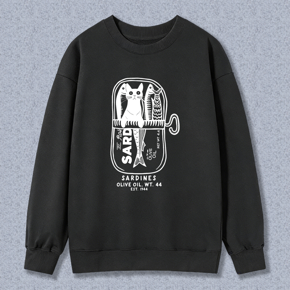 Cat In Sardine Can Sweatshirt Black Funny Graphic Crewneck Pullover For Men Women Unisex Casual Wear