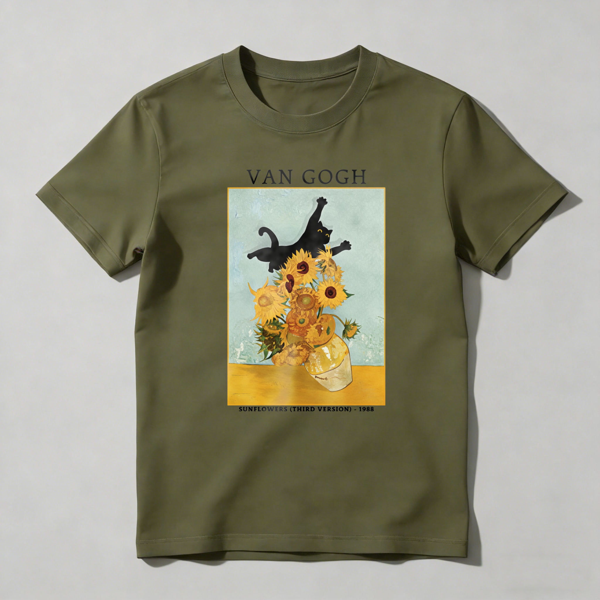 Cat Sunflowers Vase Art Painting Still Life tshirt 100% cotton