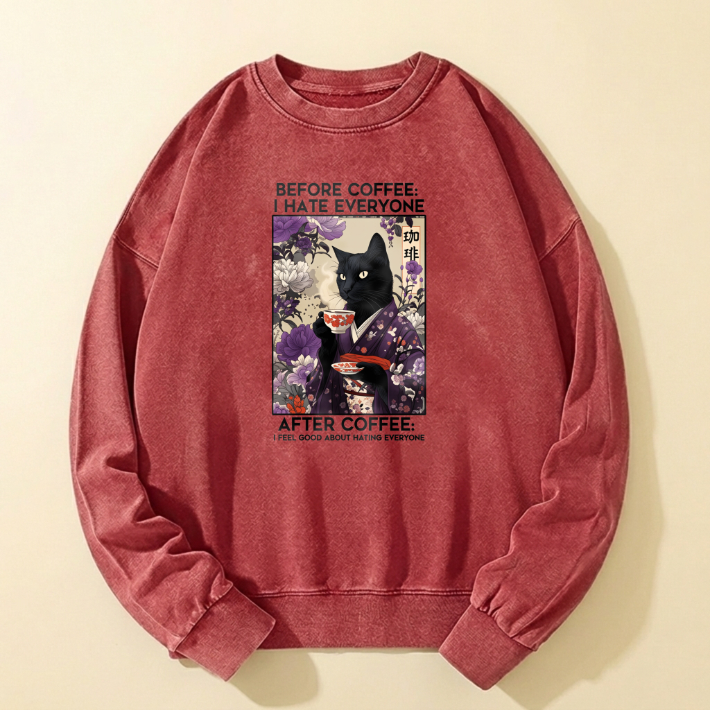 Black Cat In Kimono Coffee Art Sweatshirt Unisex Casual Crewneck Pullover Top