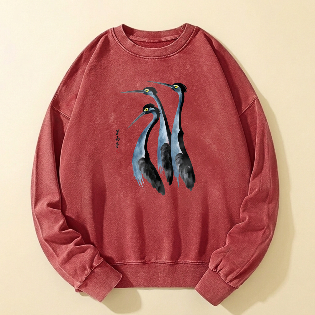 Elegant Crane Print Sweatshirt Unisex Crewneck Long Sleeve Casual Top Artistic Bird Design Fashionable Comfortable Wear