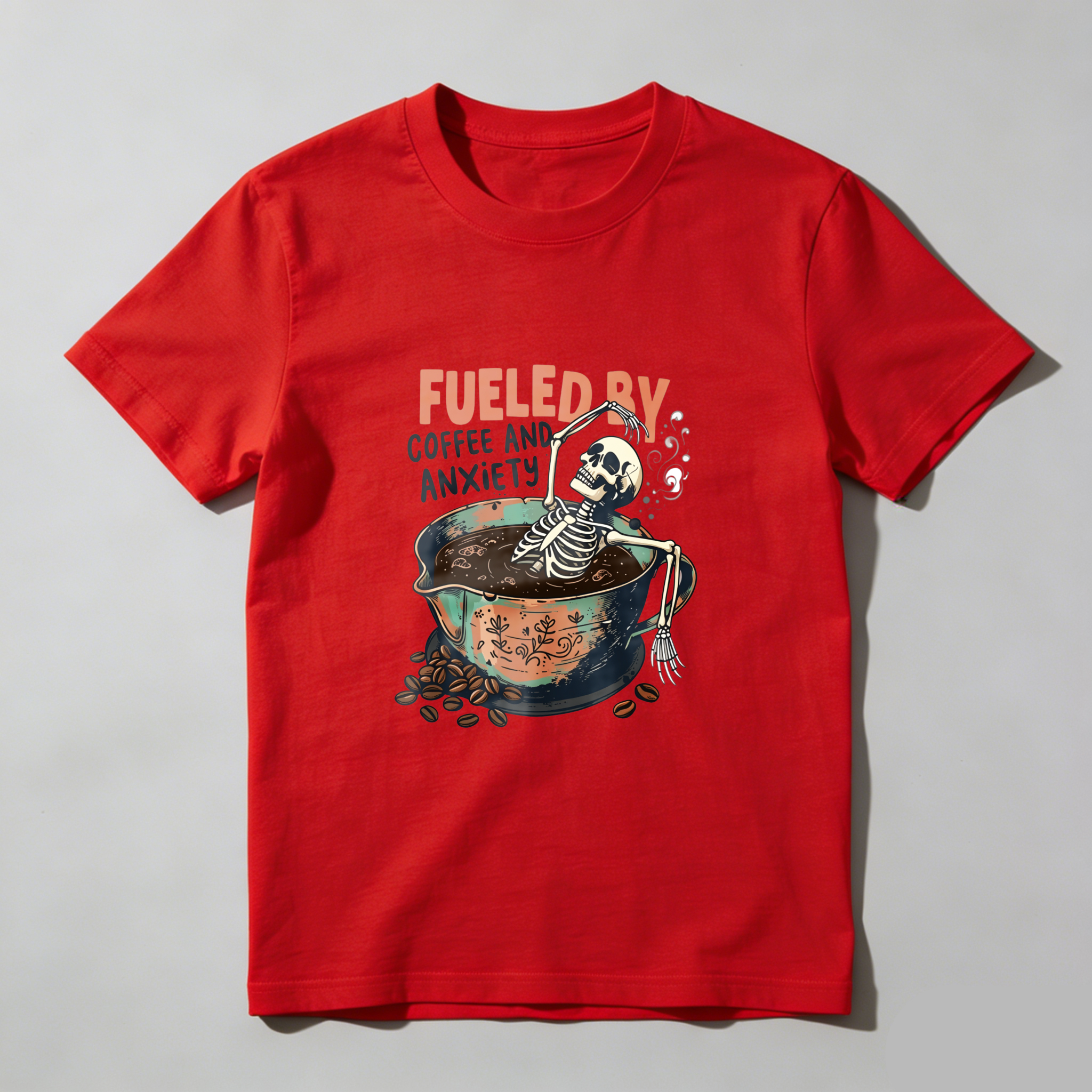 Fueled By Coffee Skeleton Design tshirt 100% cotton
