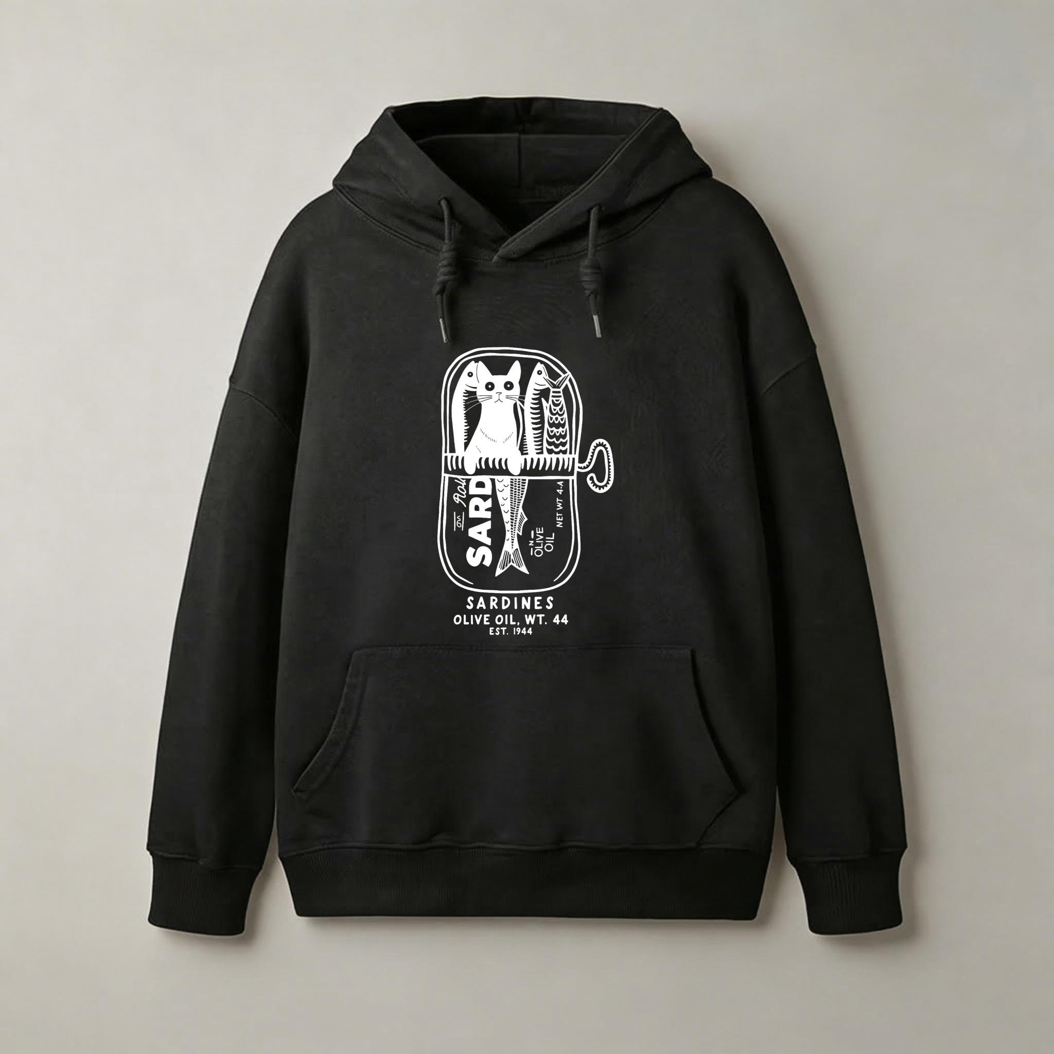 Sardines Can Hoodie Black Cat Design Olive Oil Label Art Sweatshirt Unisex Pullover With Front Pocket