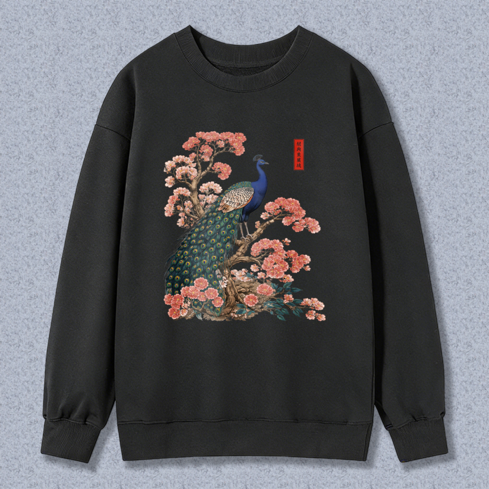 Peacock And Cherry Blossom Art Sweatshirt Unisex Crewneck Pullover Fashion Casual Top