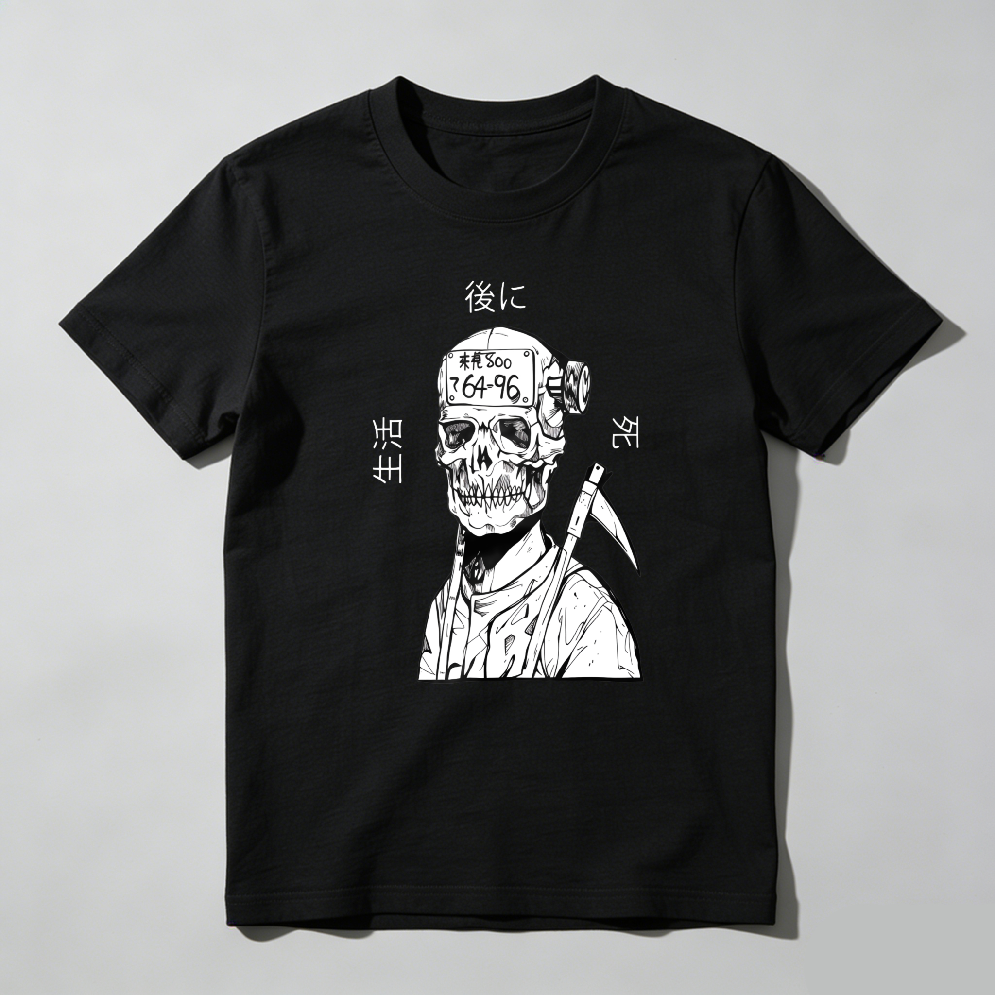 Skull With Scythe And Japanese Text tshirt 100% cotton