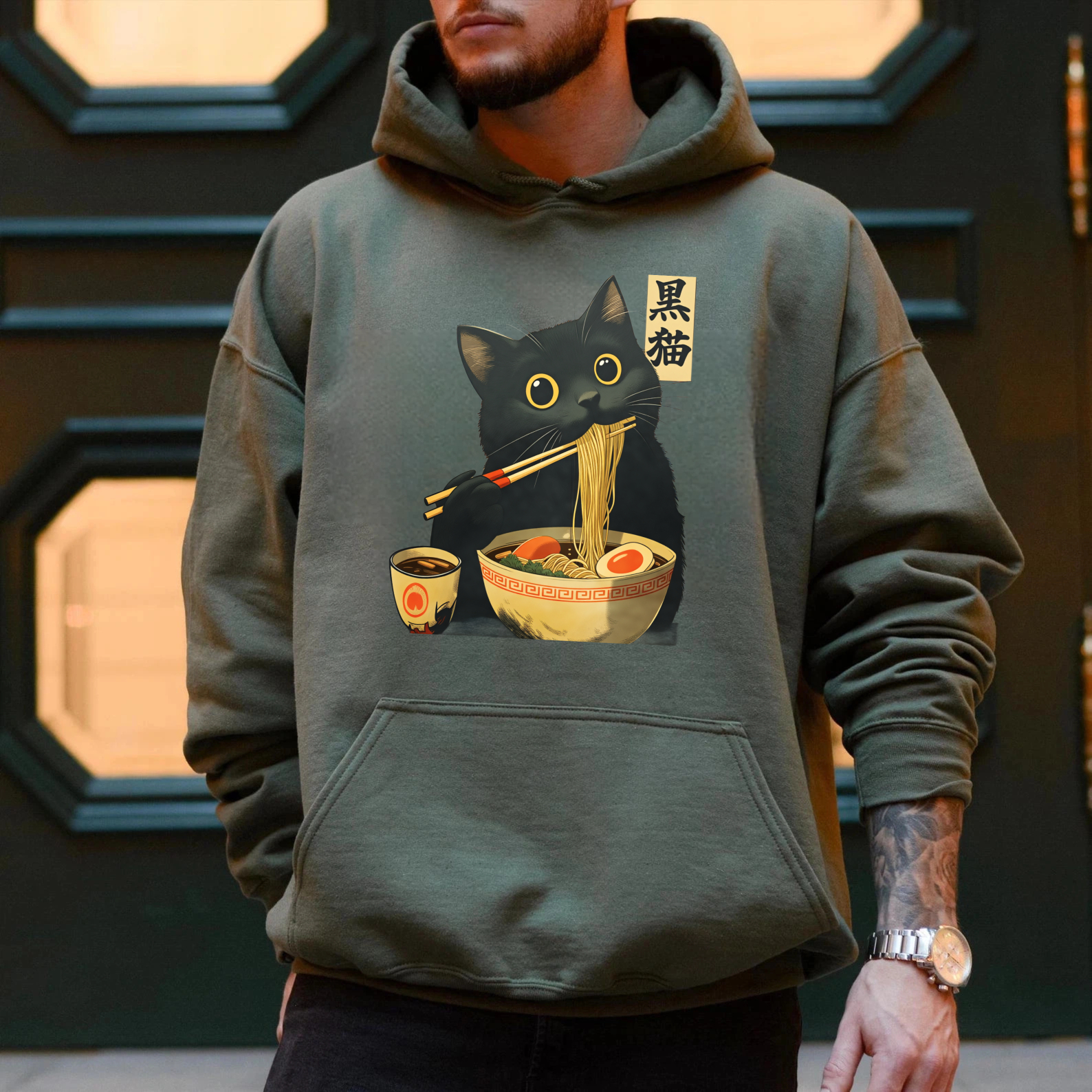 Black Cat Eating Ramen Hoodie Japanese Food Anime Style Sweatshirt