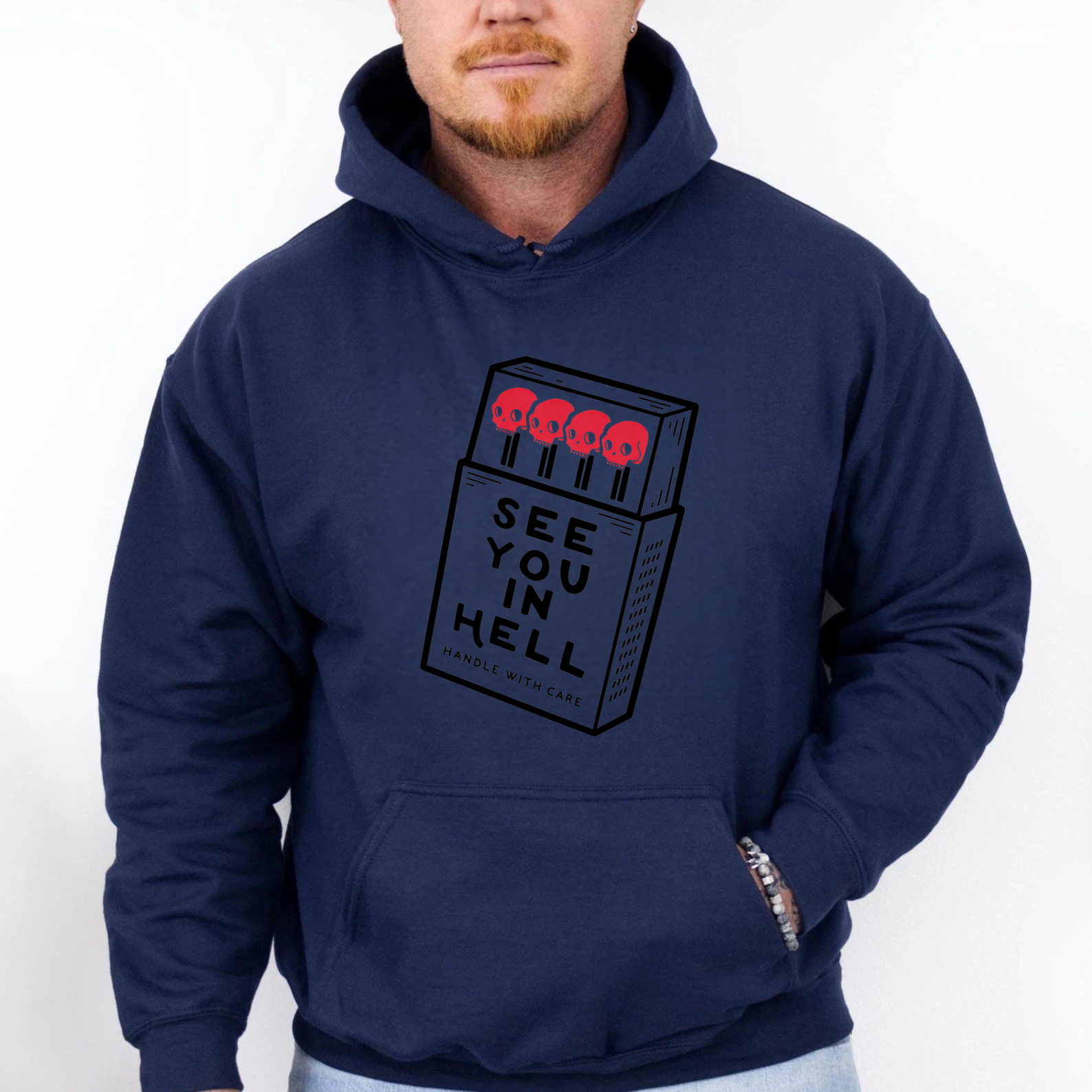 See You In Hell Matchbox Design Hoodie Black Sweatshirt With Pocket And Drawstring Cap