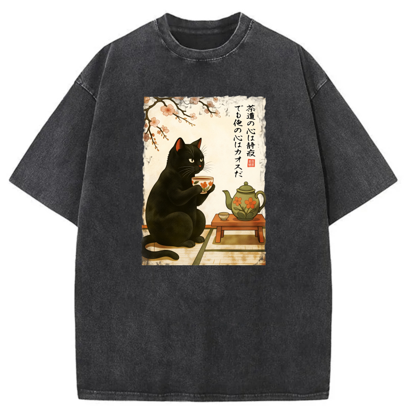 Black Cat Sipping Tea With Cherry Blossoms tshirt 100% cotton