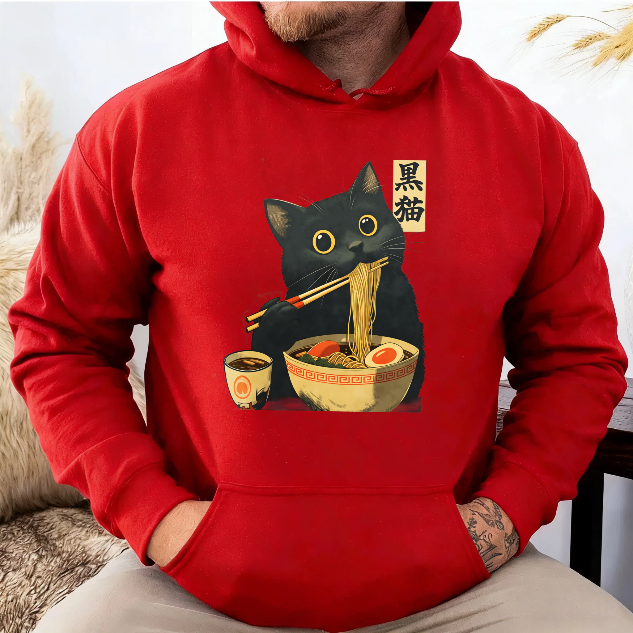 Black Cat Eating Ramen Hoodie Japanese Food Anime Style Sweatshirt