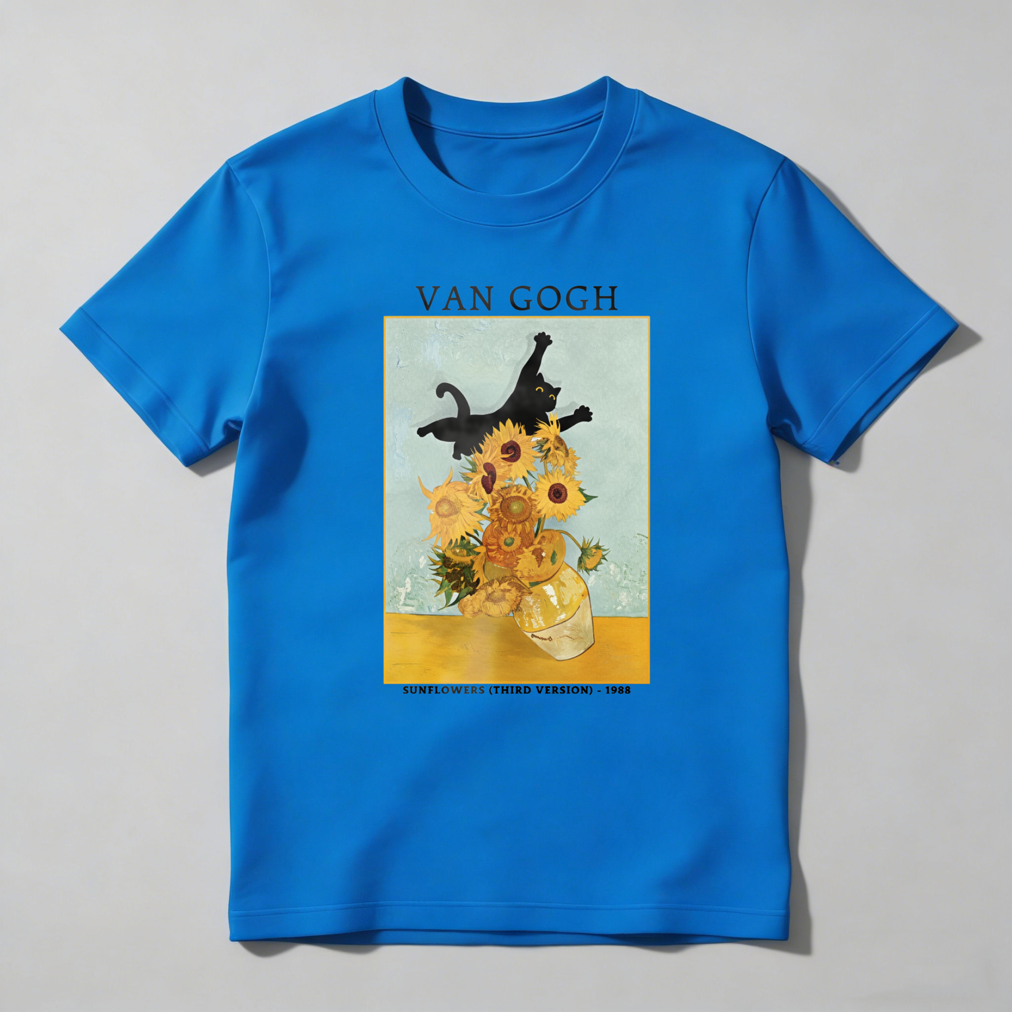 Cat Sunflowers Vase Art Painting Still Life tshirt 100% cotton