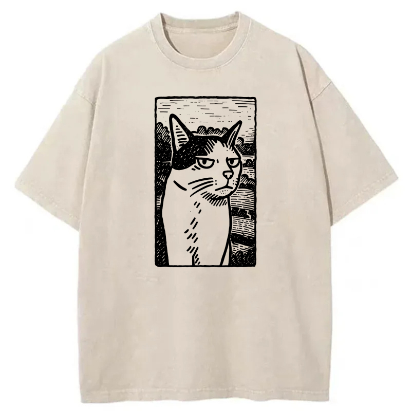 Cat Portrait In White Line Art Style tshirt 100% cotton
