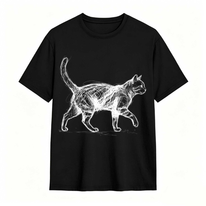 White Cat Sketch On Black Background tshirt 100% cotton