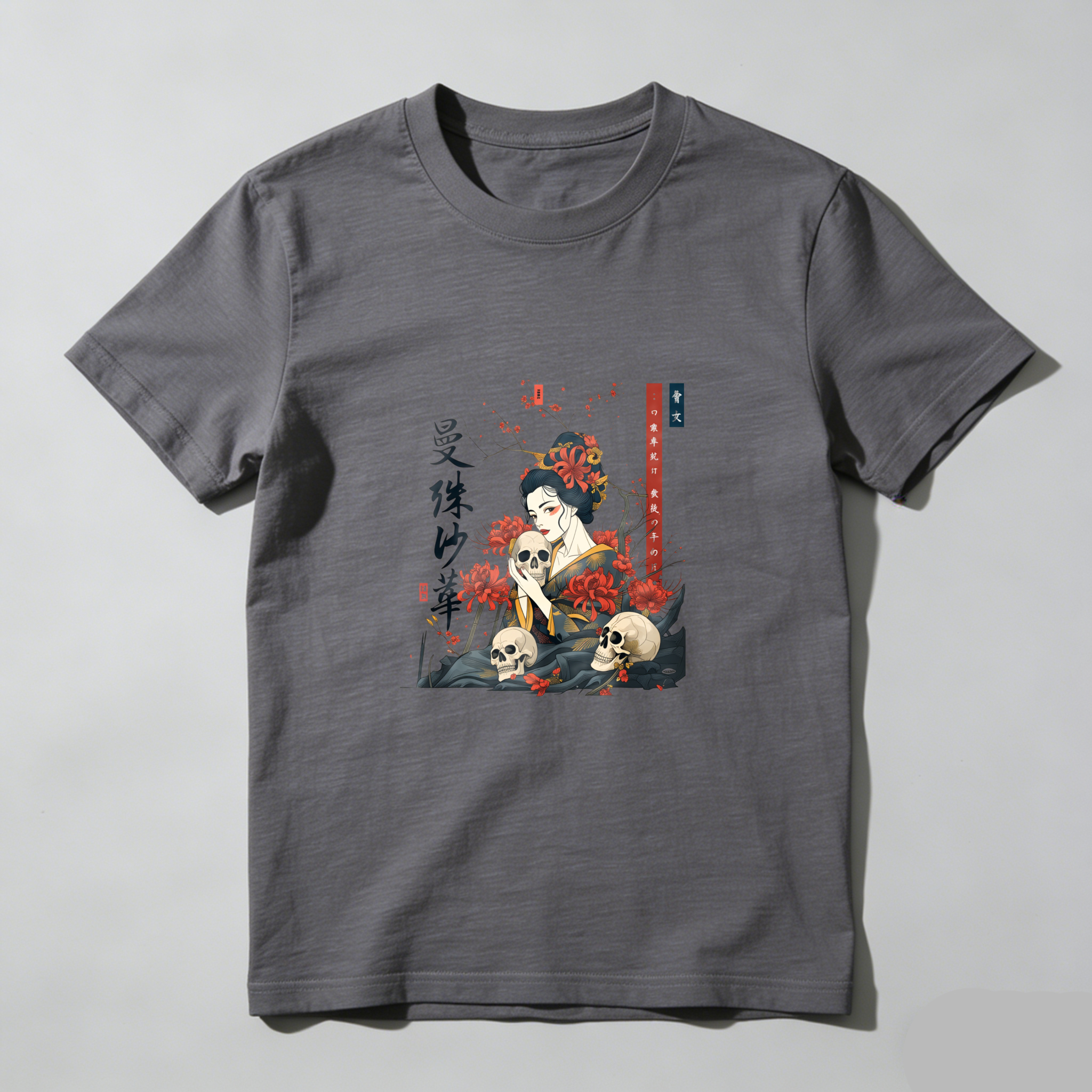 Geisha With Skulls And Cherry Blossoms tshirt 100% cotton