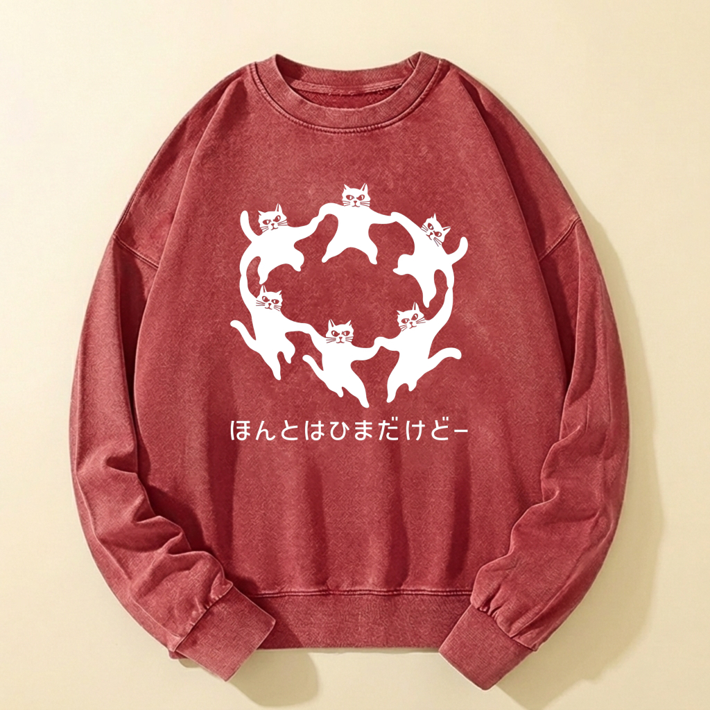 Cute Cat Circle Design Sweatshirt With Japanese Text Black Crewneck Long Sleeve Casual Top