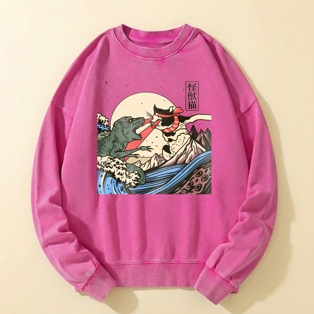 Black Crewneck Sweatshirt With Mythical Sea Monster And Moon Design Artistic Graphic Print Casual Wear For Men And Women
