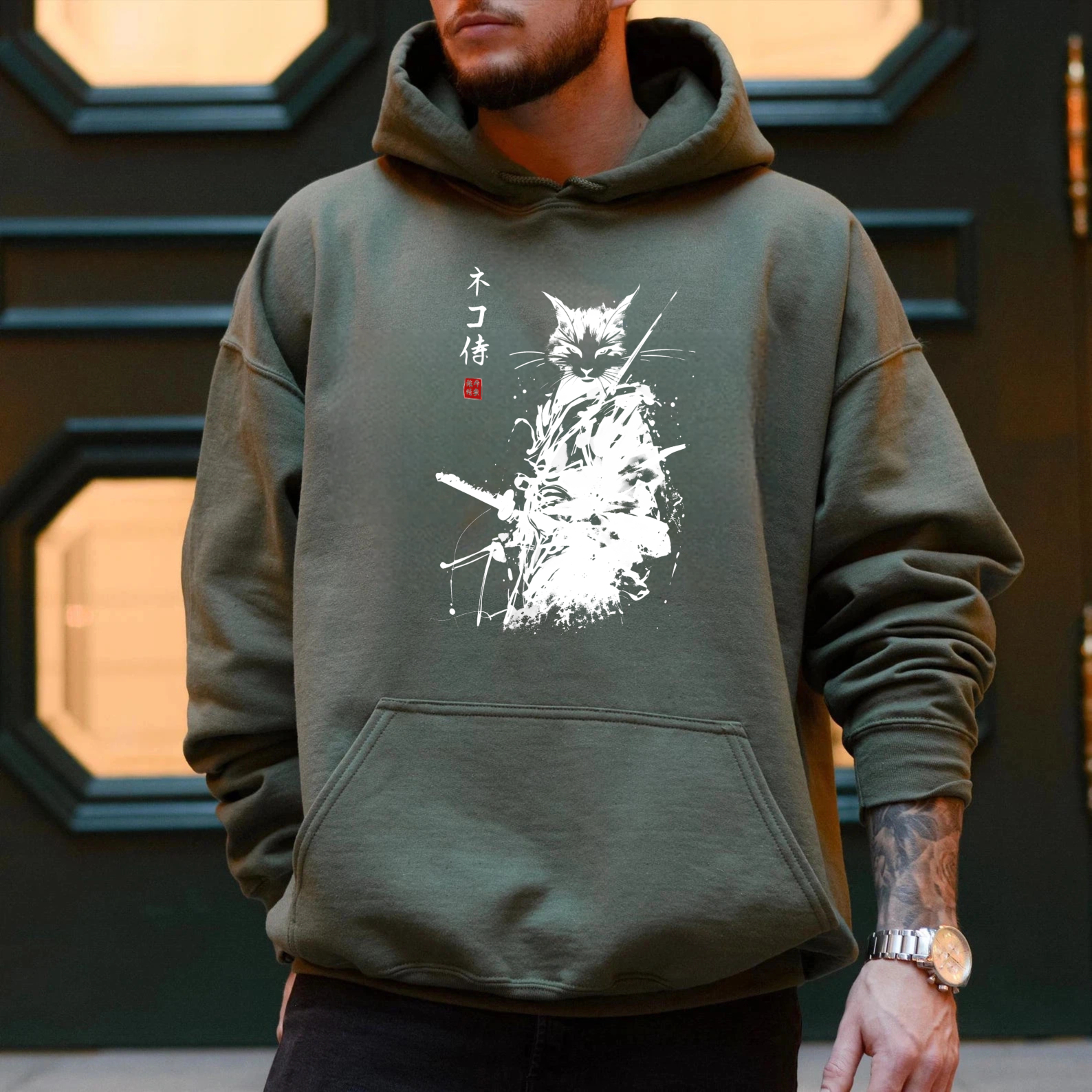 Cat Ninja Warrior Black Hoodie With Japanese Calligraphy Design For Men And Women