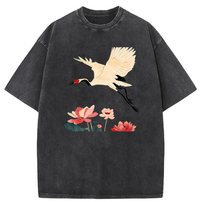 Flying Crane And Lotus Flowers Pattern tshirt 100% cotton