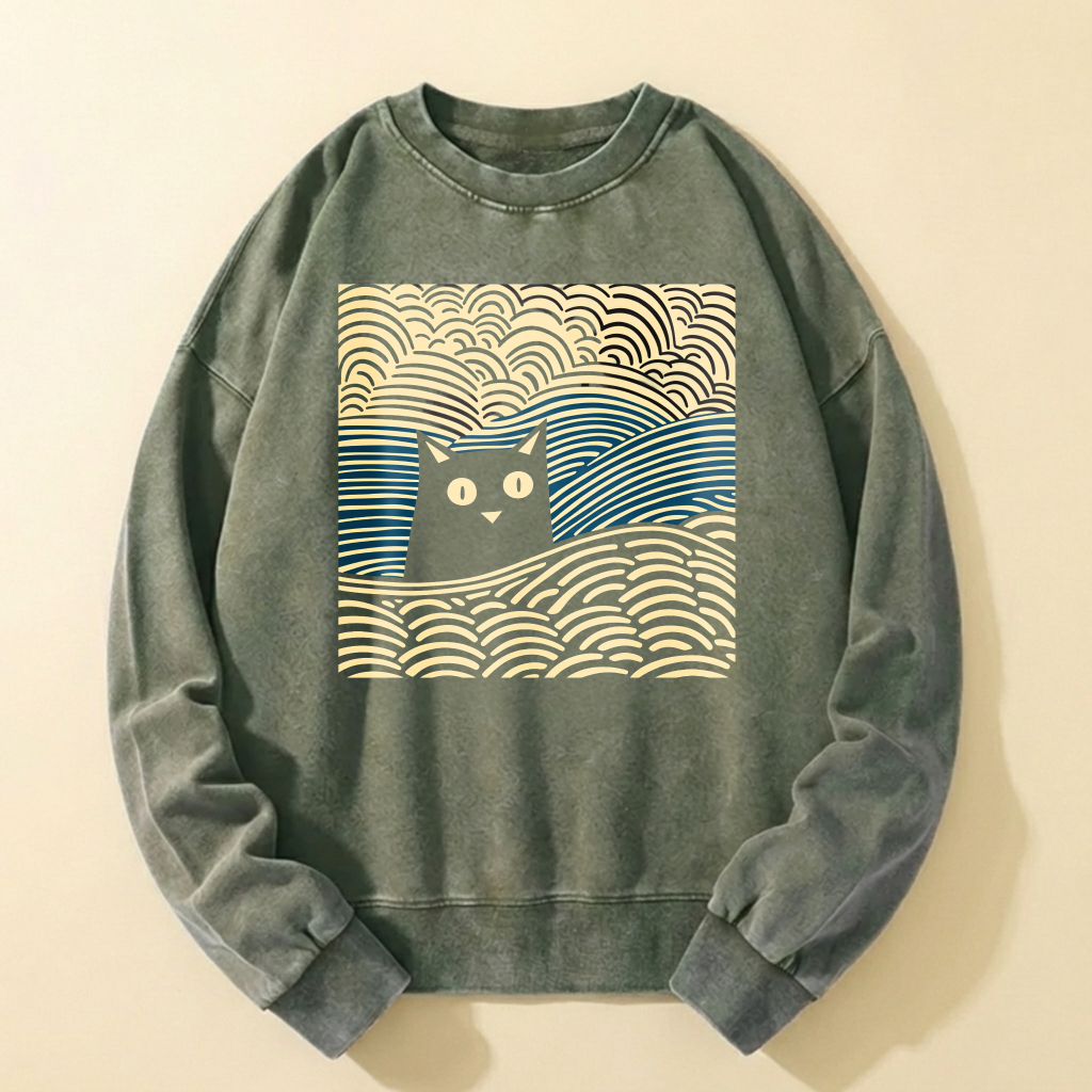 Black Cat Wave Pattern Crewneck Sweatshirt Artistic Design Unisex Casual Top