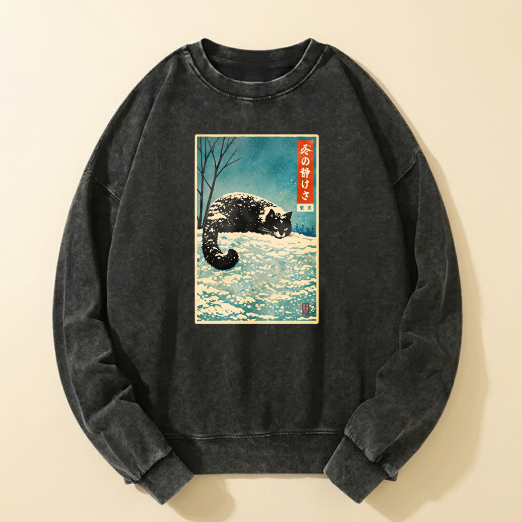 Japanese Cat Snow Winter Art Print Crewneck Sweatshirt Unisex Casual Long Sleeve Top