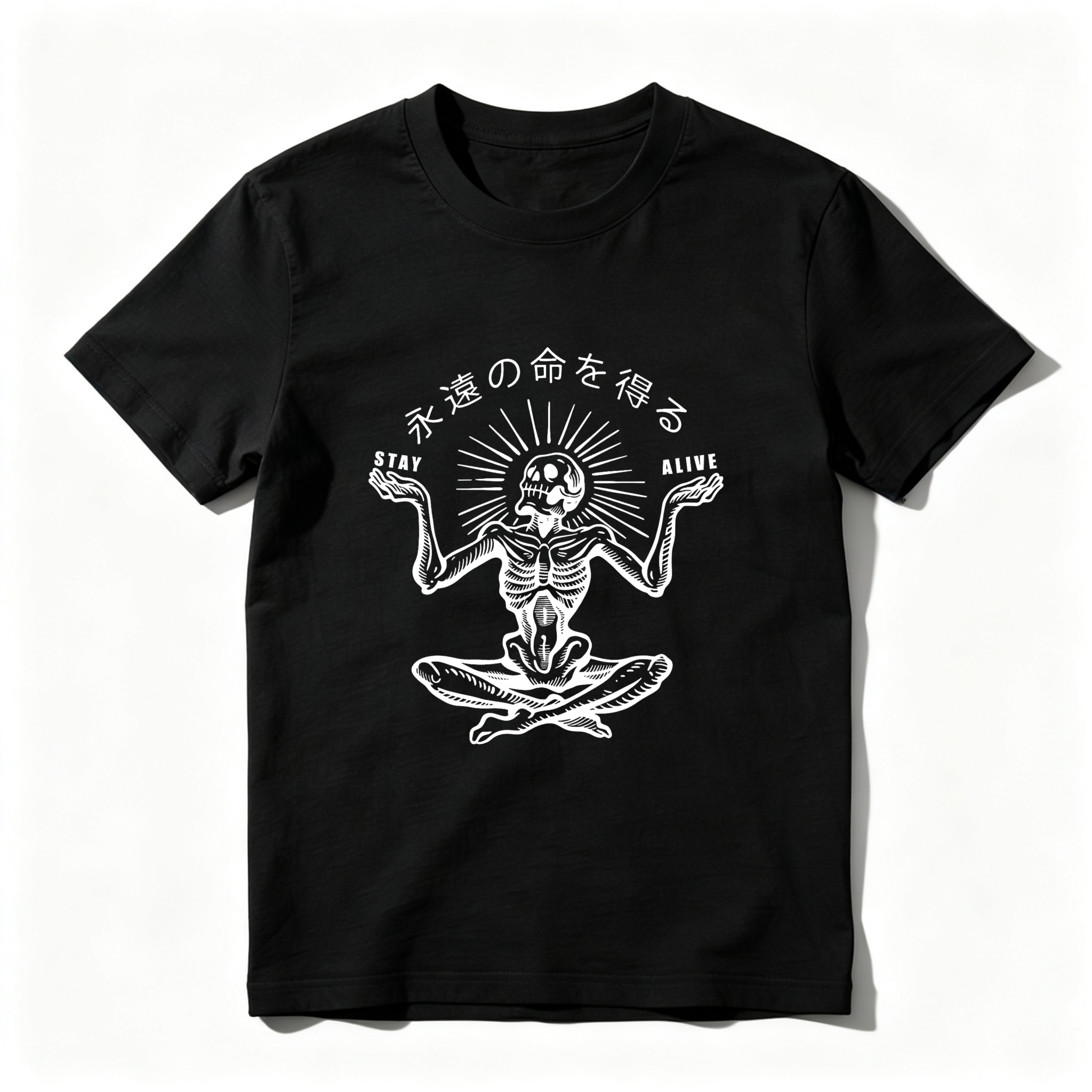 Skeleton Meditating With Sunburst And Text tshirt 100% cotton