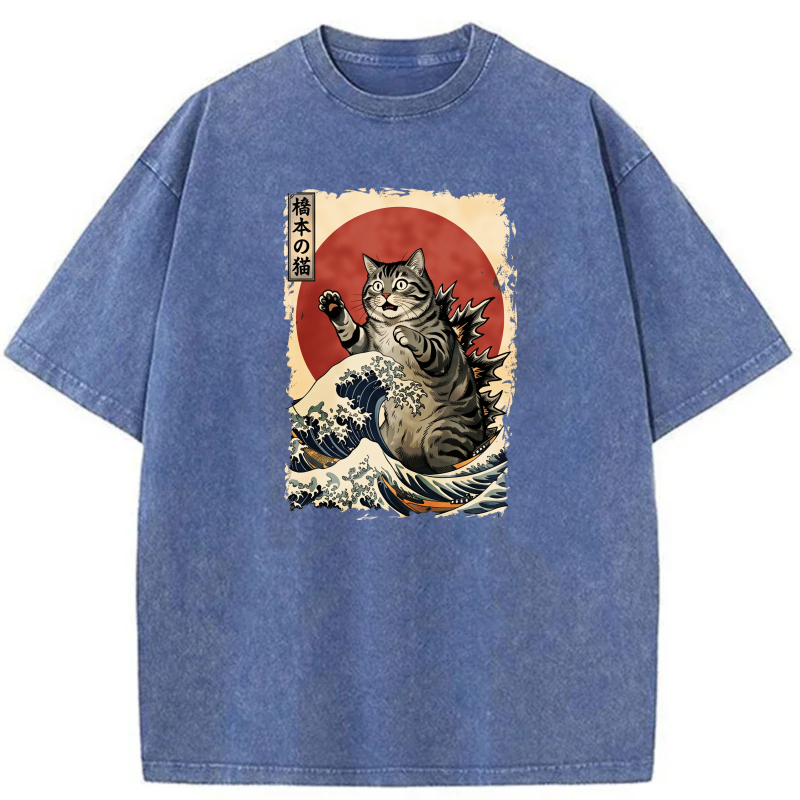Cat Riding Wave With Red Sun Background tshirt 100% cotton