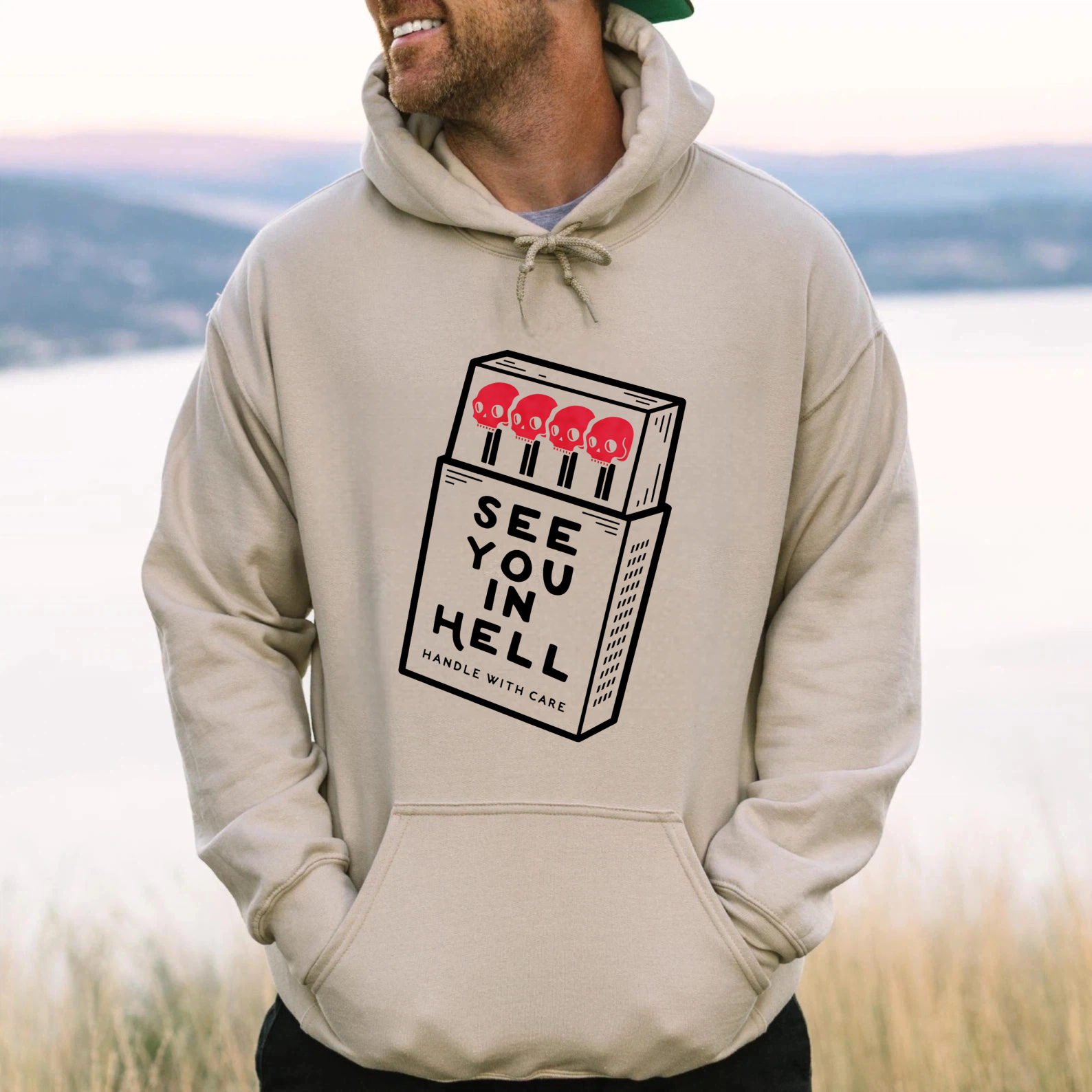 See You In Hell Matchbox Design Hoodie Black Sweatshirt With Pocket And Drawstring Cap