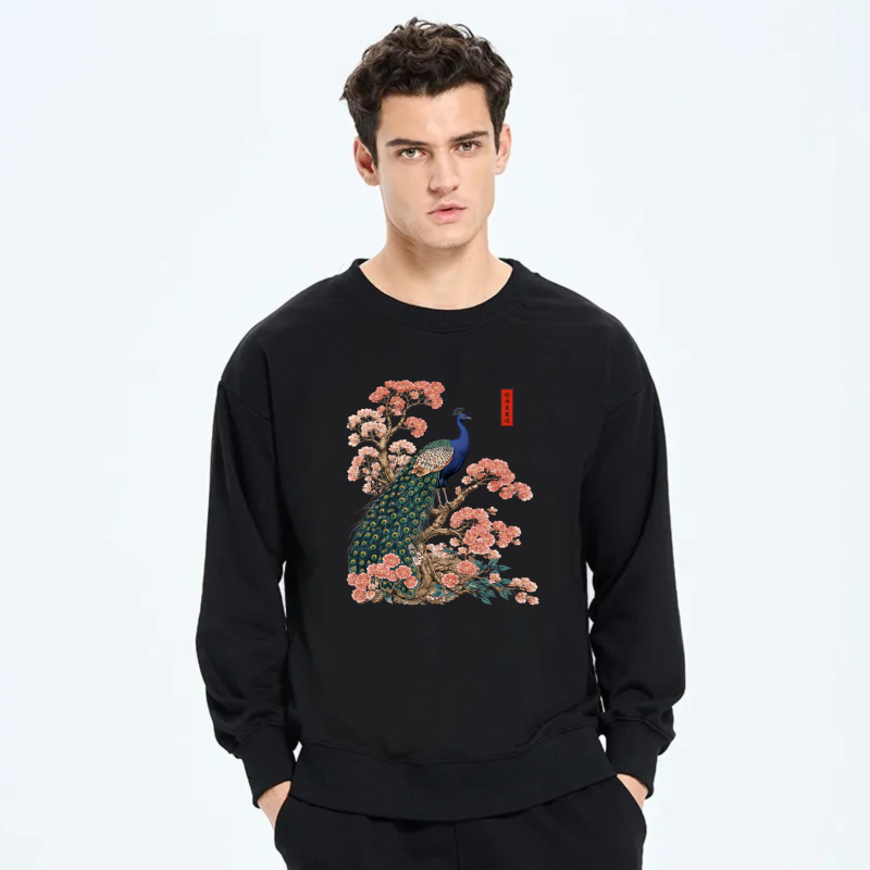 Peacock And Cherry Blossom Art Sweatshirt Unisex Crewneck Pullover Fashion Casual Top