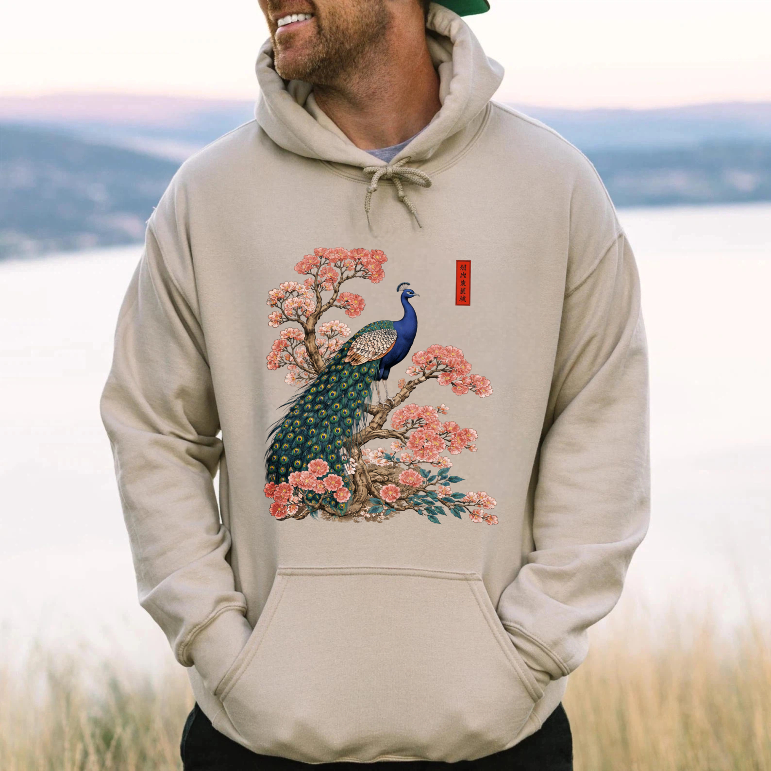 Peacock And Cherry Blossom Art Hoodie Black Unisex Sweatshirt With Front Pocket And Drawstring Hood