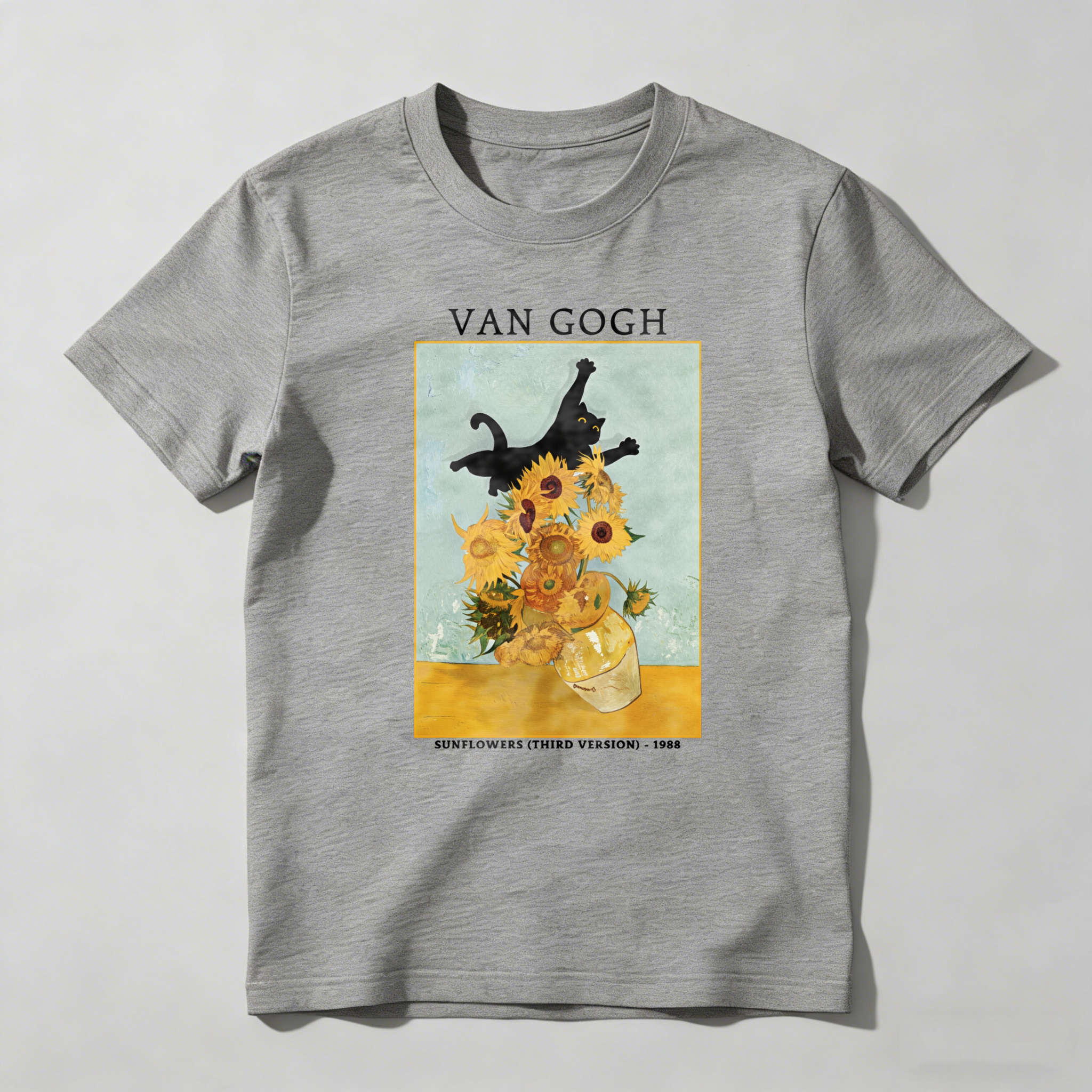 Cat Sunflowers Vase Art Painting Still Life tshirt 100% cotton