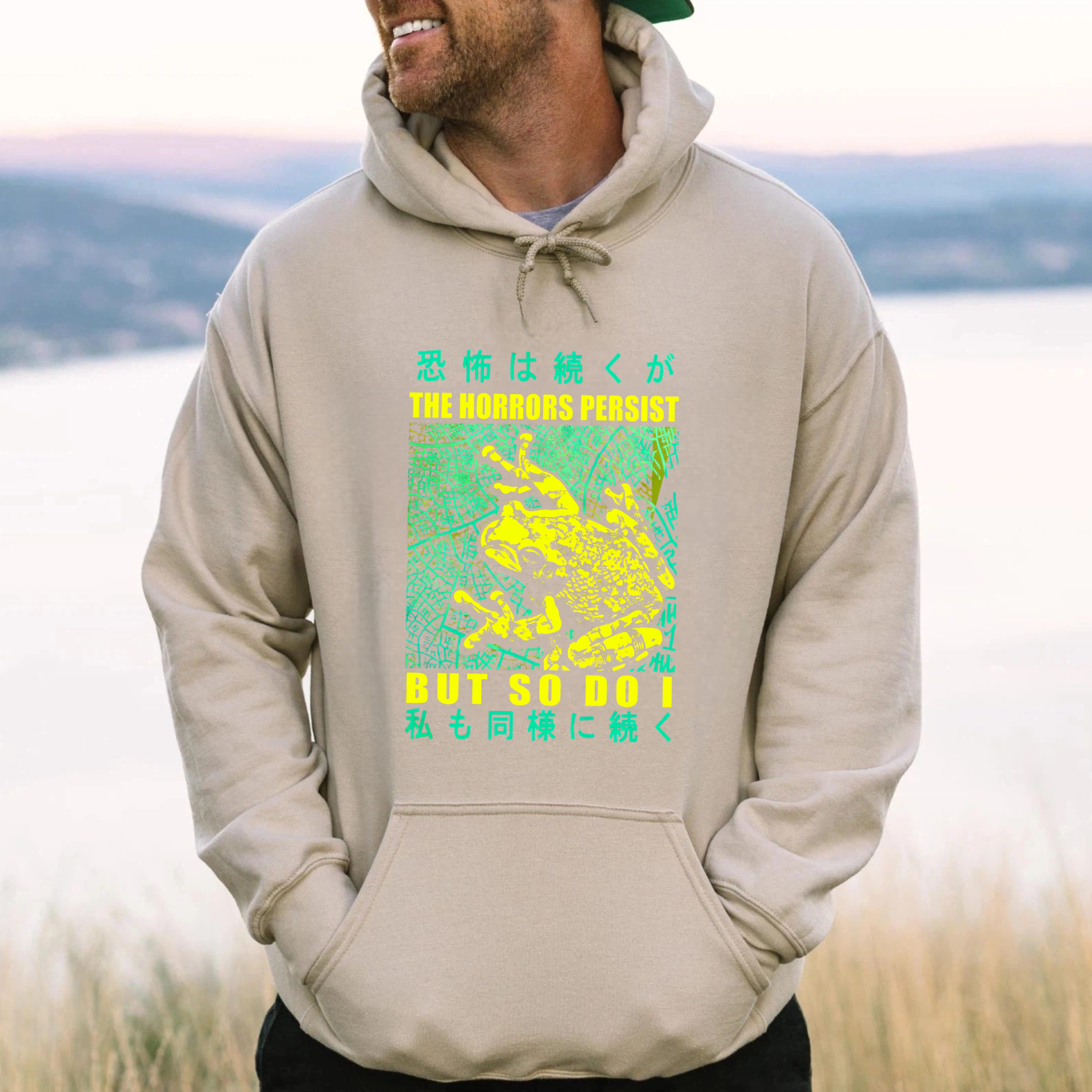 The Horrors Persist But So Do I Frog Hoodie With Japanese Text And Neon Design