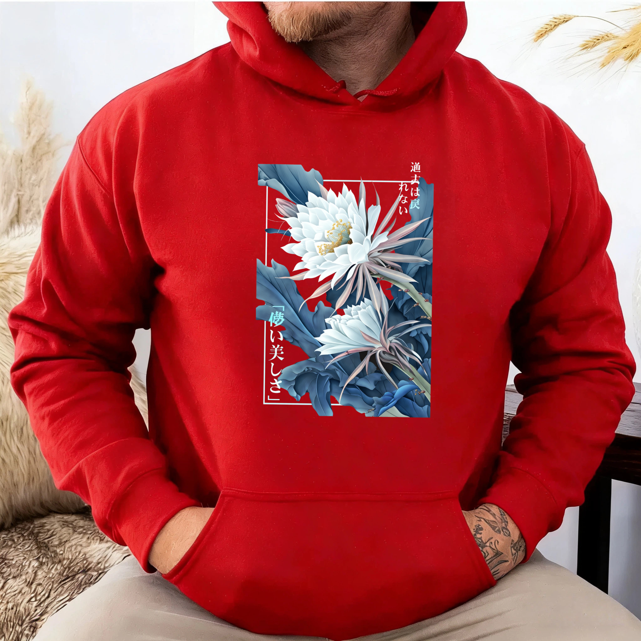 Flower Art Design Hoodie With Japanese Text And Cactus Blossom Print Unisex Sweatshirt Black
