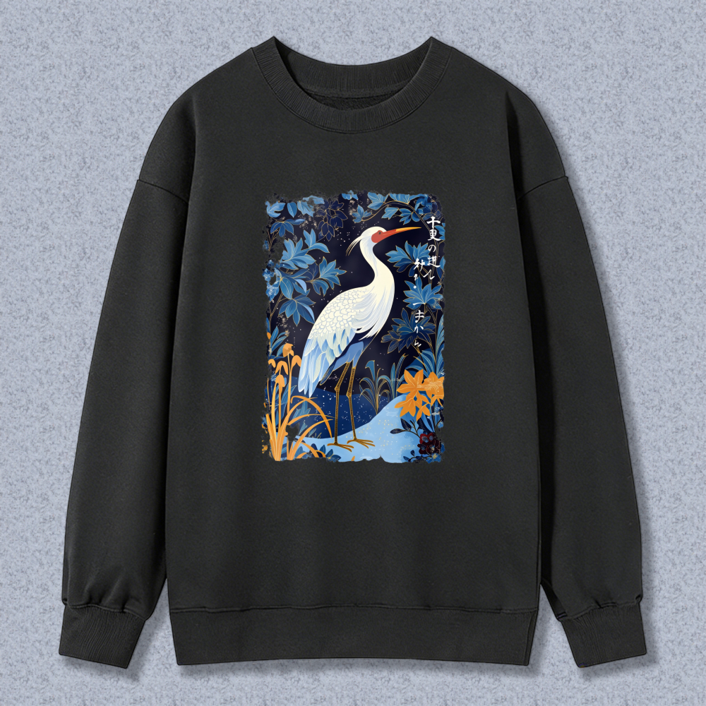 White Crane In Floral Garden Unisex Crewneck Classic Sweatshirt