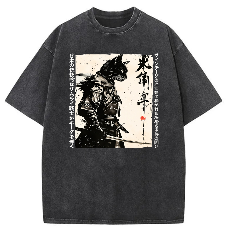 Samurai Cat With Sword And Japanese Text tshirt 100% cotton