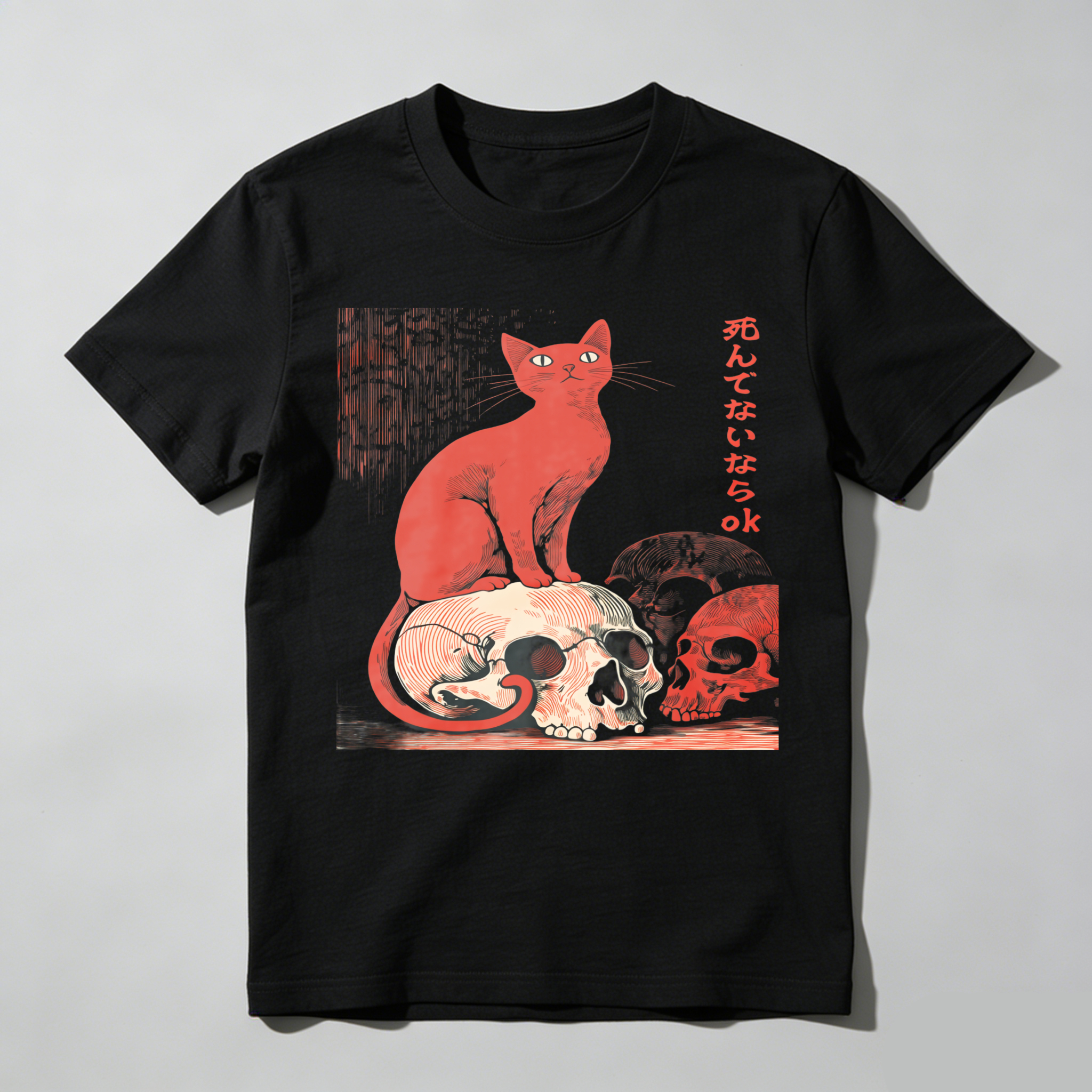 Red Cat Sitting On Skulls With Japanese Text tshirt 100% cotton