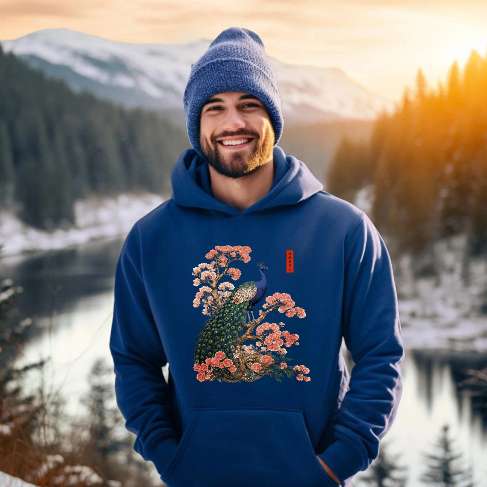 Peacock And Cherry Blossom Art Hoodie Black Unisex Sweatshirt With Front Pocket And Drawstring Hood