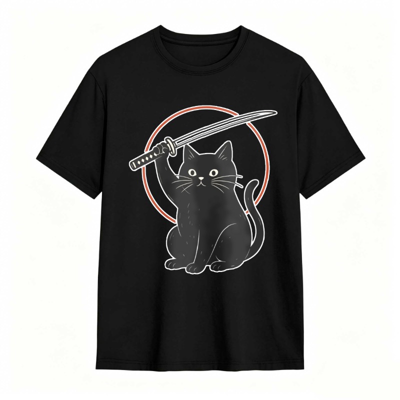 Black Cat Holding Sword In Circle tshirt 100% cotton