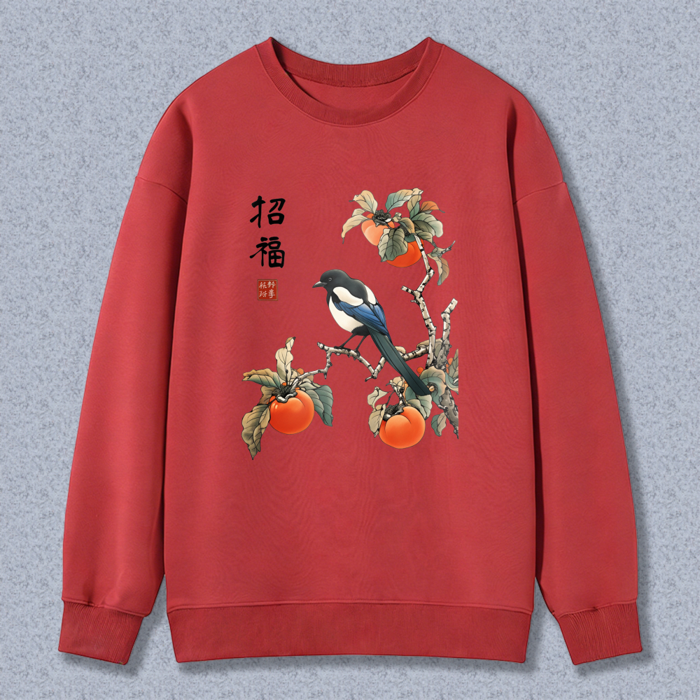 Traditional Chinese Art Magpie And Persimmon Tree Design Sweatshirt For Men And Women Casual Wear With Calligraphy Print
