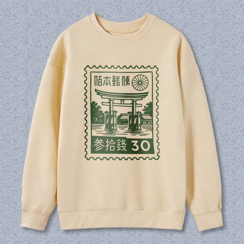 Japan Post Stamp Design Sweatshirt With Torii Gate And Traditional Motif 30 Sen Print Black Crewneck Pullover