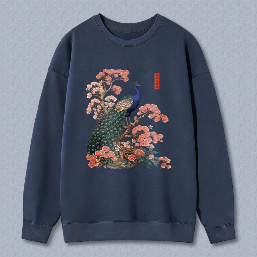 Peacock And Cherry Blossom Art Sweatshirt Unisex Crewneck Pullover Fashion Casual Top