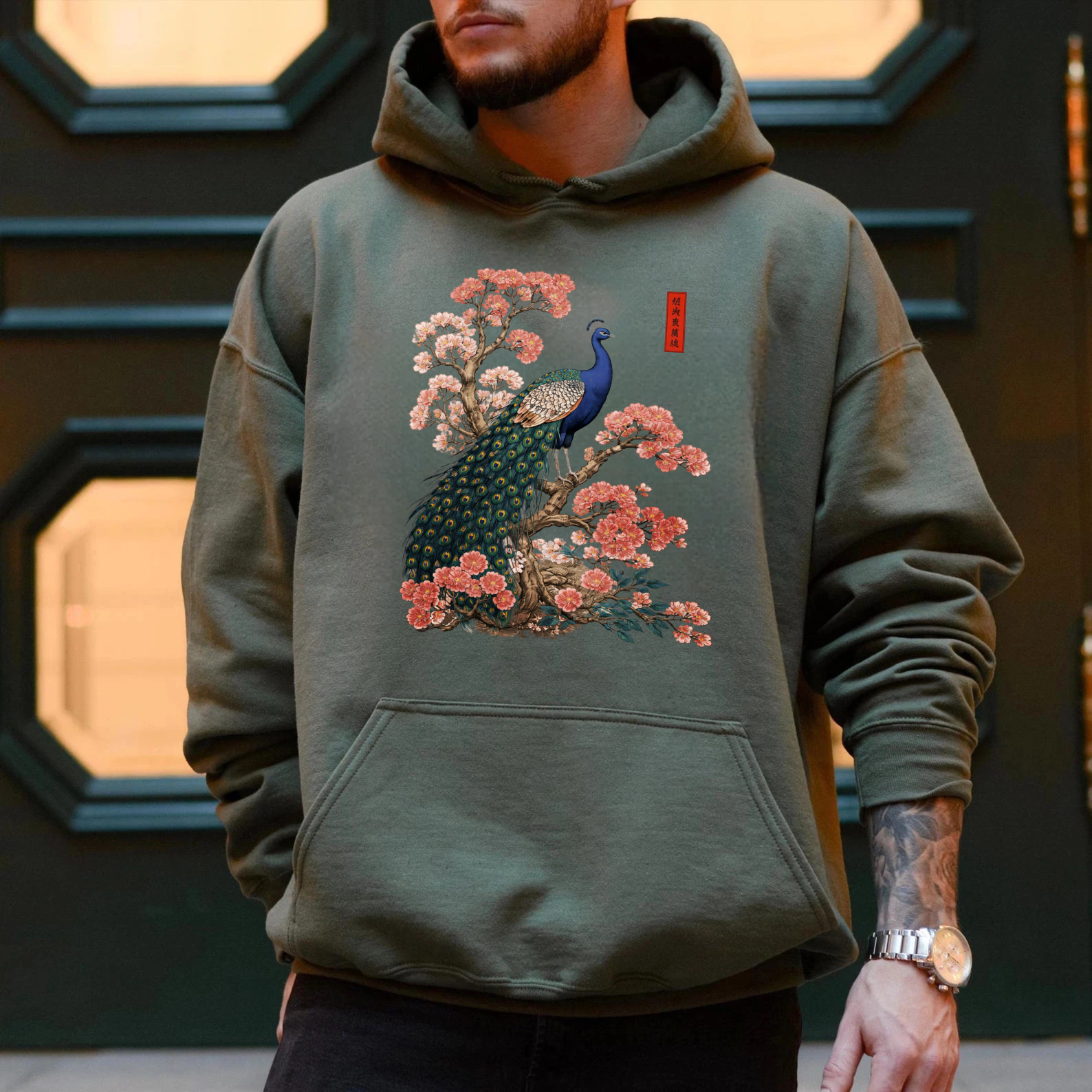 Peacock And Cherry Blossom Art Hoodie Black Unisex Sweatshirt With Front Pocket And Drawstring Hood
