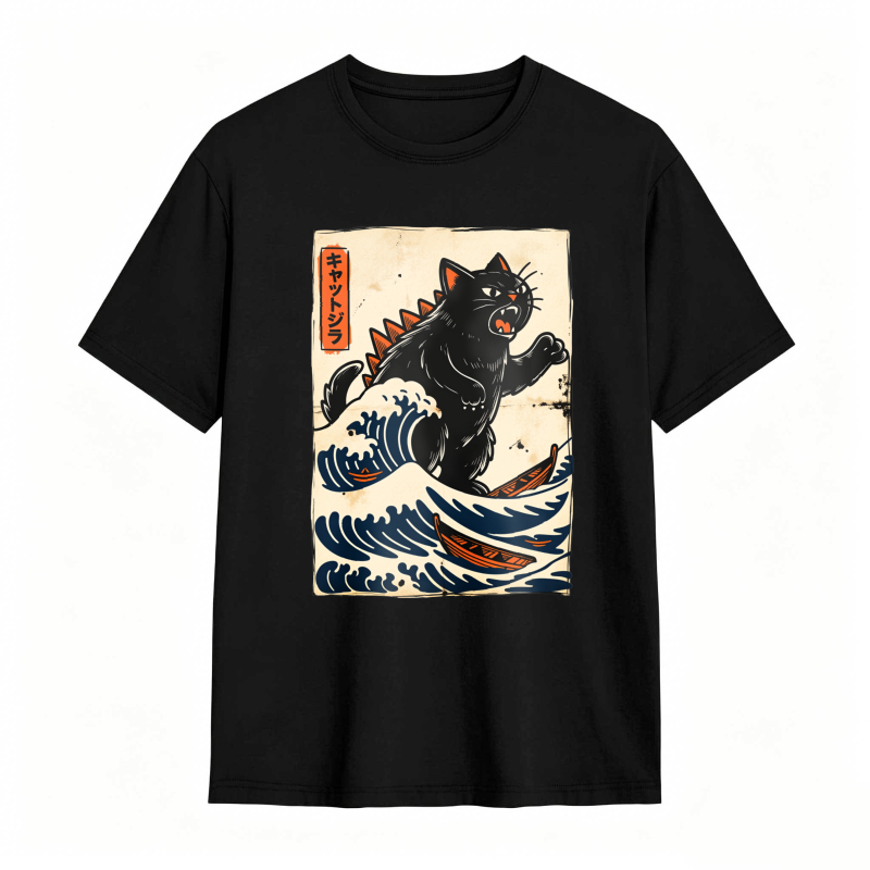 Black Cat Riding Wave With Boat tshirt 100% cotton