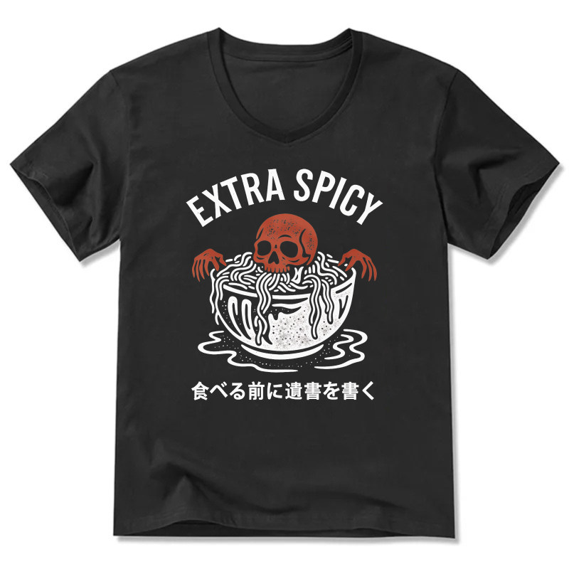 Extra Spicy Ramen Skull T-Shirt With Japanese Text Warning Design