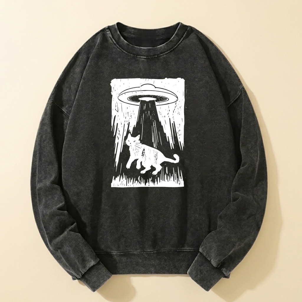 Cat Abduction By Ufo Graphic Sweatshirt Black Long Sleeve Casual Top For Men Women