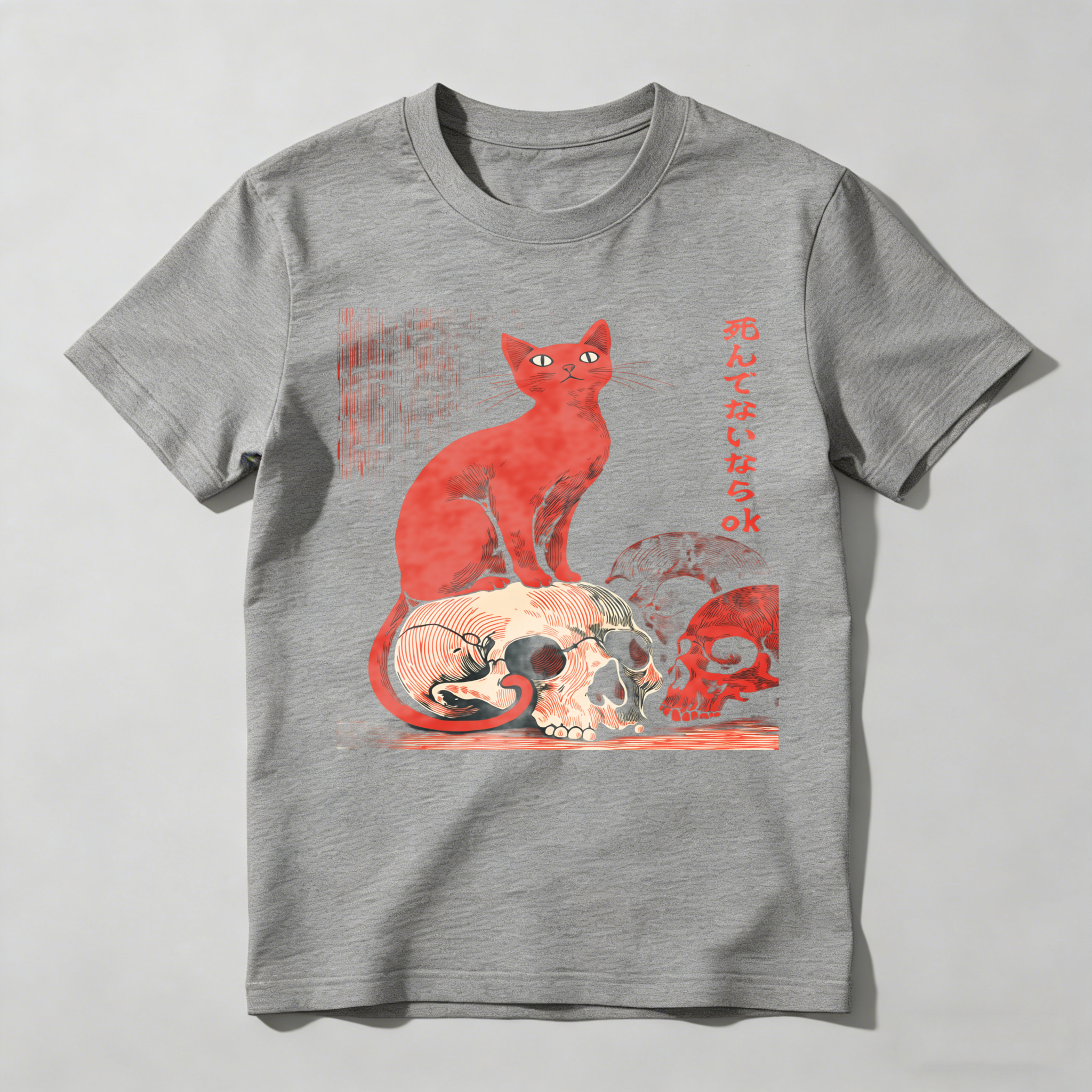 Red Cat Sitting On Skulls With Japanese Text tshirt 100% cotton