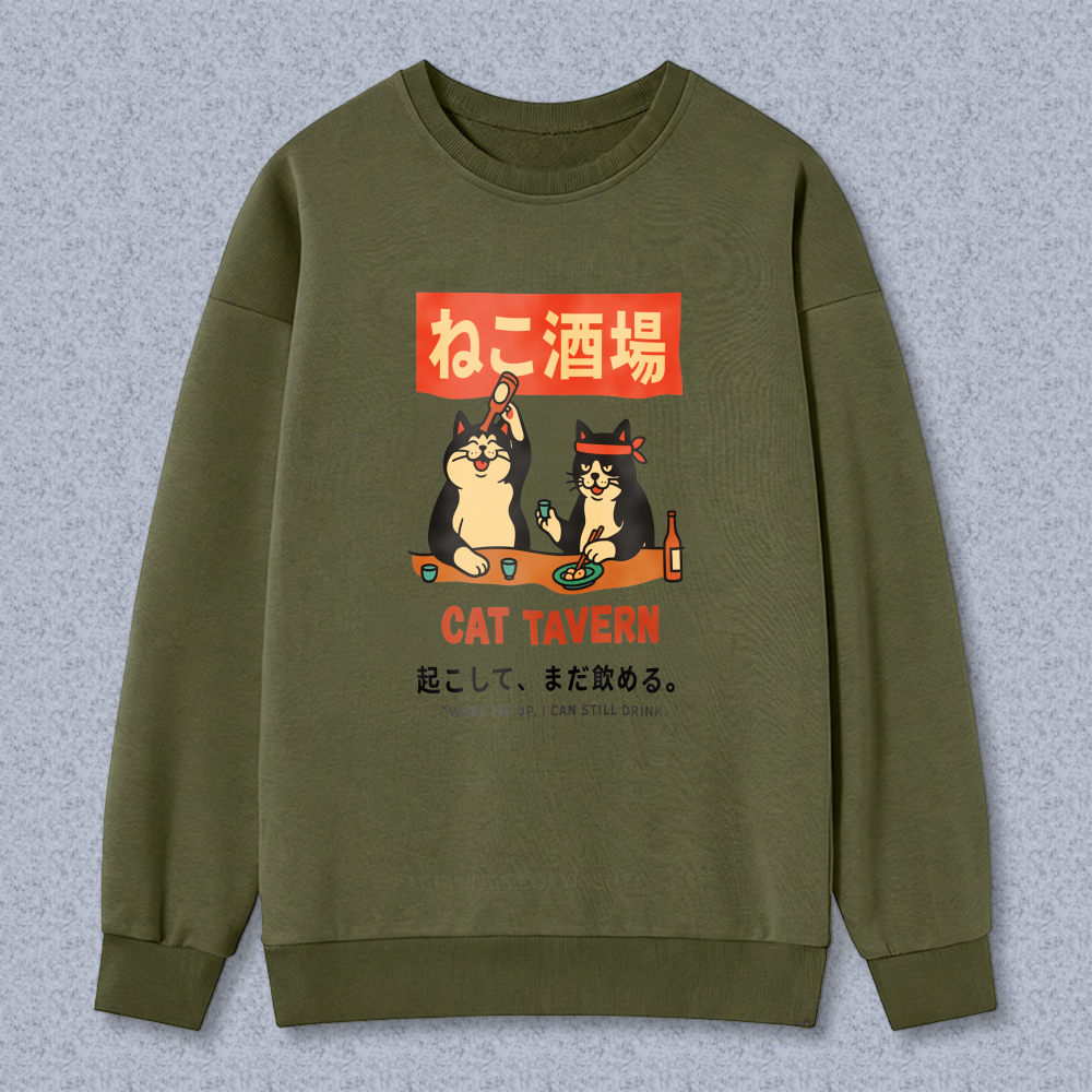 Cat Tavern Sweatshirt With Japanese Cat Design And Red Sign Artwork For Casual Wear