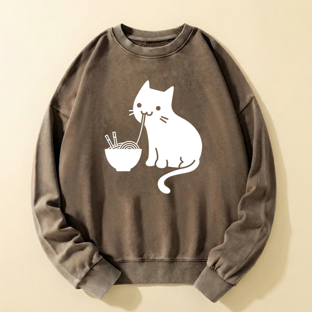 Cute Cat Eating Noodles Sweatshirt Unisex Casual Long Sleeve Pullover Top