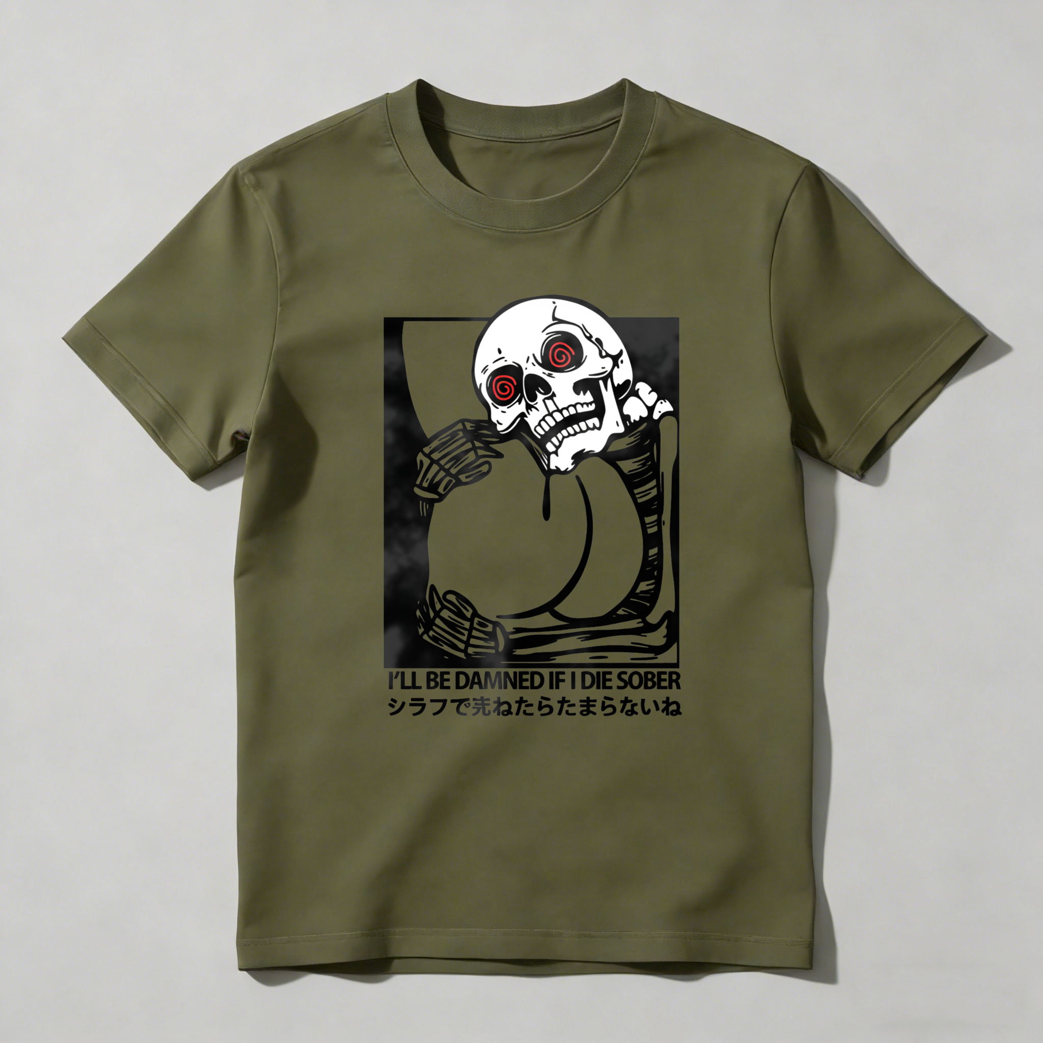 Skeleton Holding Glass With Red Eyes tshirt 100% cotton