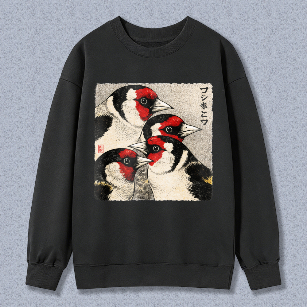 Black Sweatshirt With Goldfinch Bird Art Print Japanese Style Design For Men Women Unisex Casual Wear