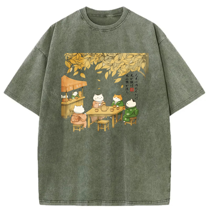 Cats Tea Gathering Autumn Leaves Scene tshirt 100% cotton